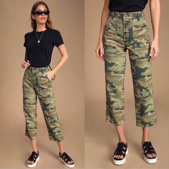 Free People Remy Camo High Rise Straight Leg Cropped Cotton Pants Green Size 24 - Picture 11 of 12